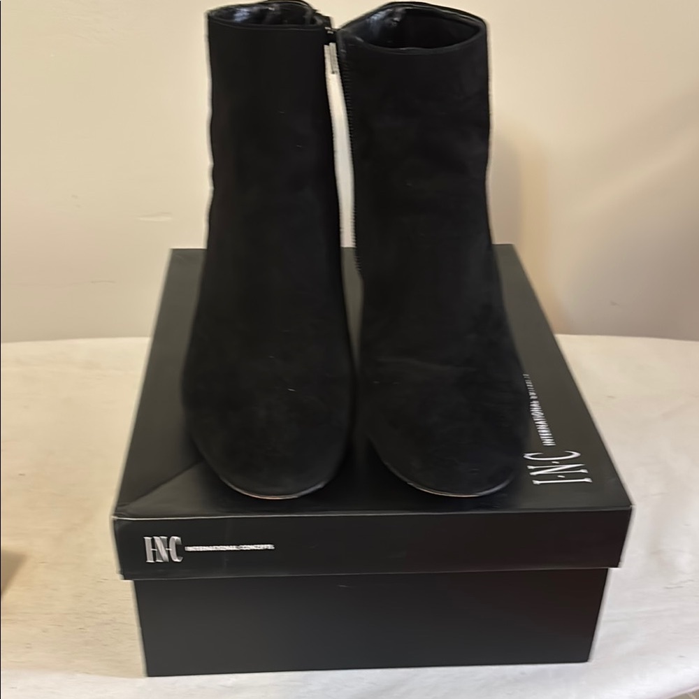 INC International Concepts Black Ankle Boots with Suede Material and Rounded Toe